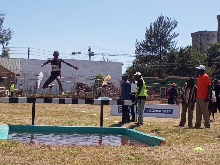 Mercy Chepng’eno jumping over the water barrier during the women’s 3000m steeplechase at Thika Stadium