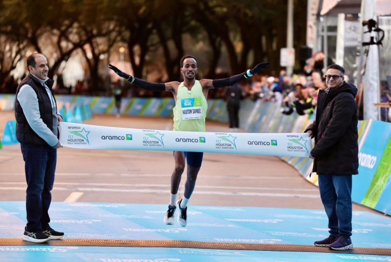 Habtom Samuel winning the 2026 Houston Half Marathon in record time.
