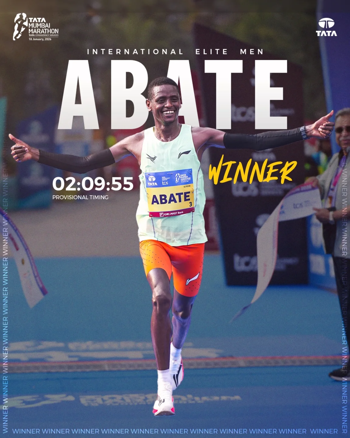 Tadu Abate Deme of Ethiopia crossing the finish line at the 2026 Tata Mumbai Marathon in first place, arms raised in victory.