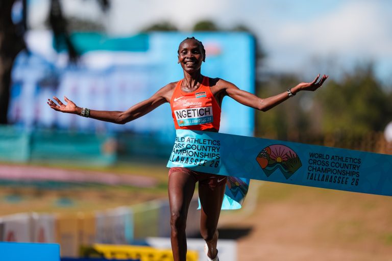 Agnes Ngetich celebrates winning the senior women’s 10 km at the 2026 World Cross Country Championships in Florida.