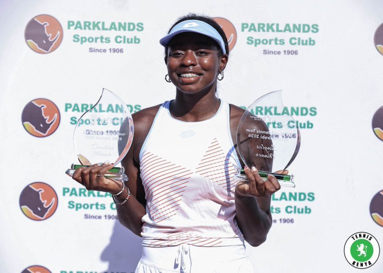 Angela Okutoyi proudly displays her singles and doubles medals after winning the ITF W35 Nairobi tournament at Parklands Sports Club.