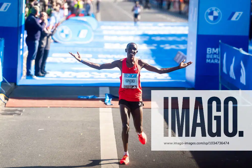 Vincent Ngetich of Kenya finishing third at the 2023 Berlin Marathon behind Eliud Kipchoge.