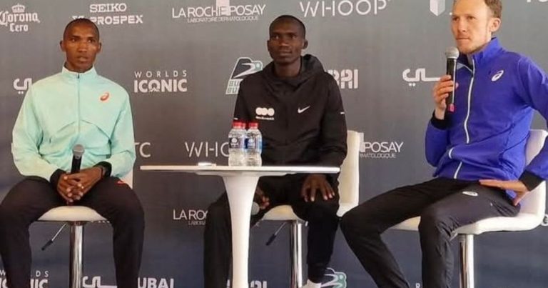 Joshua Cheptegei and other elite runners at the 2026 Burj 2 Burj Half Marathon press conference in Dubai