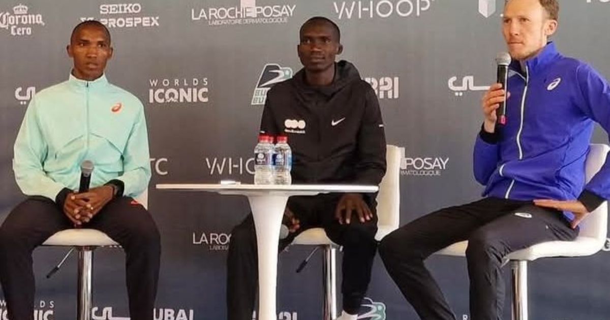 Joshua Cheptegei and other elite runners at the 2026 Burj 2 Burj Half Marathon press conference in Dubai
