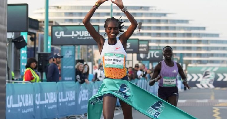 Irene Cheptai crossing the finish line to win the women’s race at the 2026 Burj2Burj Half Marathon in Dubai