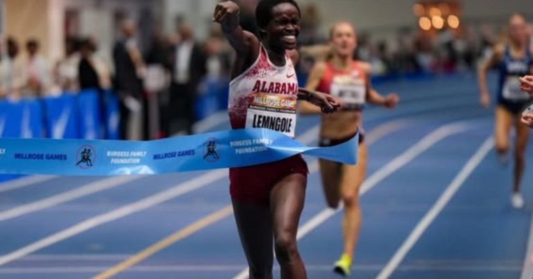 Doris Lemngole sprinting across the finish line to win the women’s 3000m at the 118th Millrose Games and set a new NCAA indoor record.