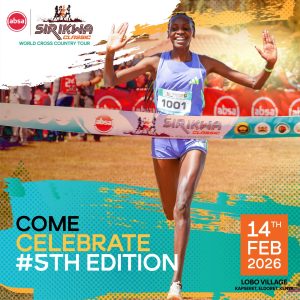 Agnes Jebet Ngetich crossing the finish line to win the women’s race at the 2025 Absa Sirikwa Classic in Kapseret, Eldoret.