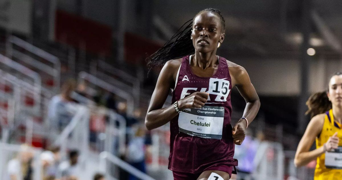Edna Chelulei crossing the finish line in the women’s indoor 3,000m, breaking the Eastern Kentucky University school record at Boston University.