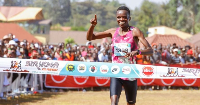 Daniel Ebenyo crossing the finish line to win the men’s race at the 4th edition of the Absa Sirikwa Classic 2025 in Eldoret.