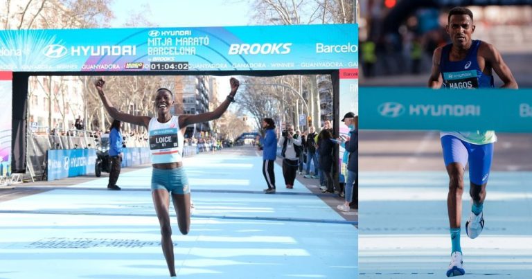 Hagos Gebrhiwet and Loice Chemnung crossing the finish line to set new course records at the 2026 Barcelona Half Marathon.
