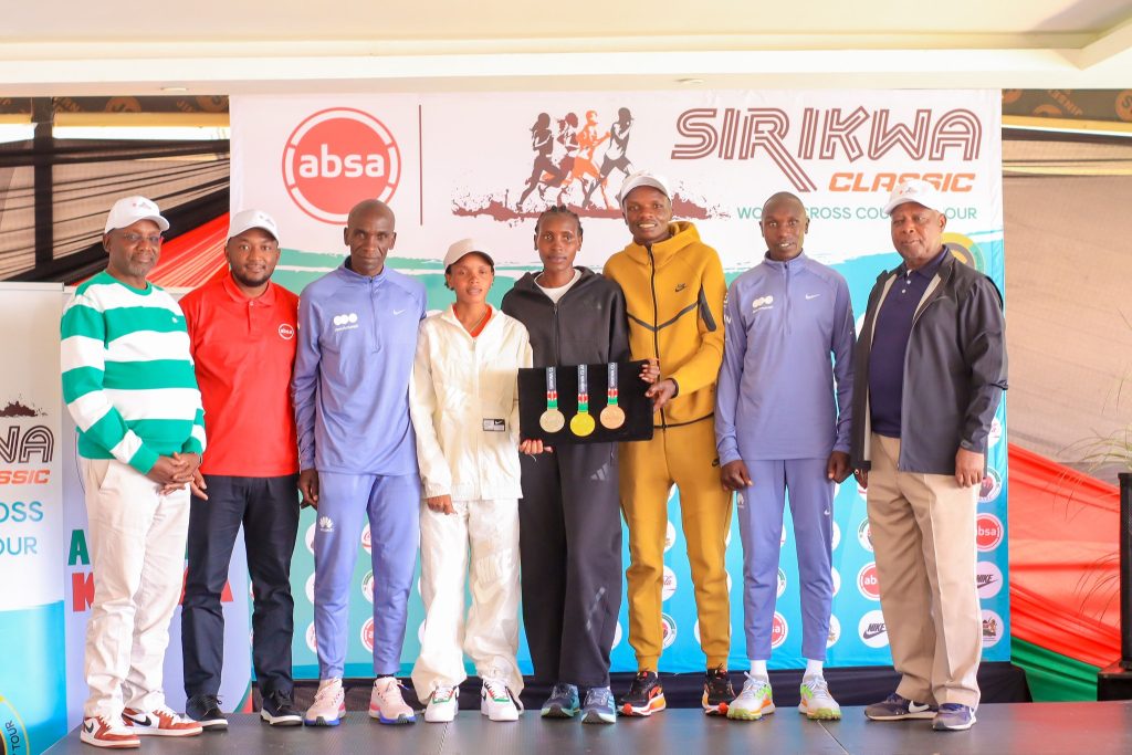 Athletics Kenya top officials and Kenya’s elite athletes, including defending Sirikwa Classic champions, gather during the race launch ceremony.